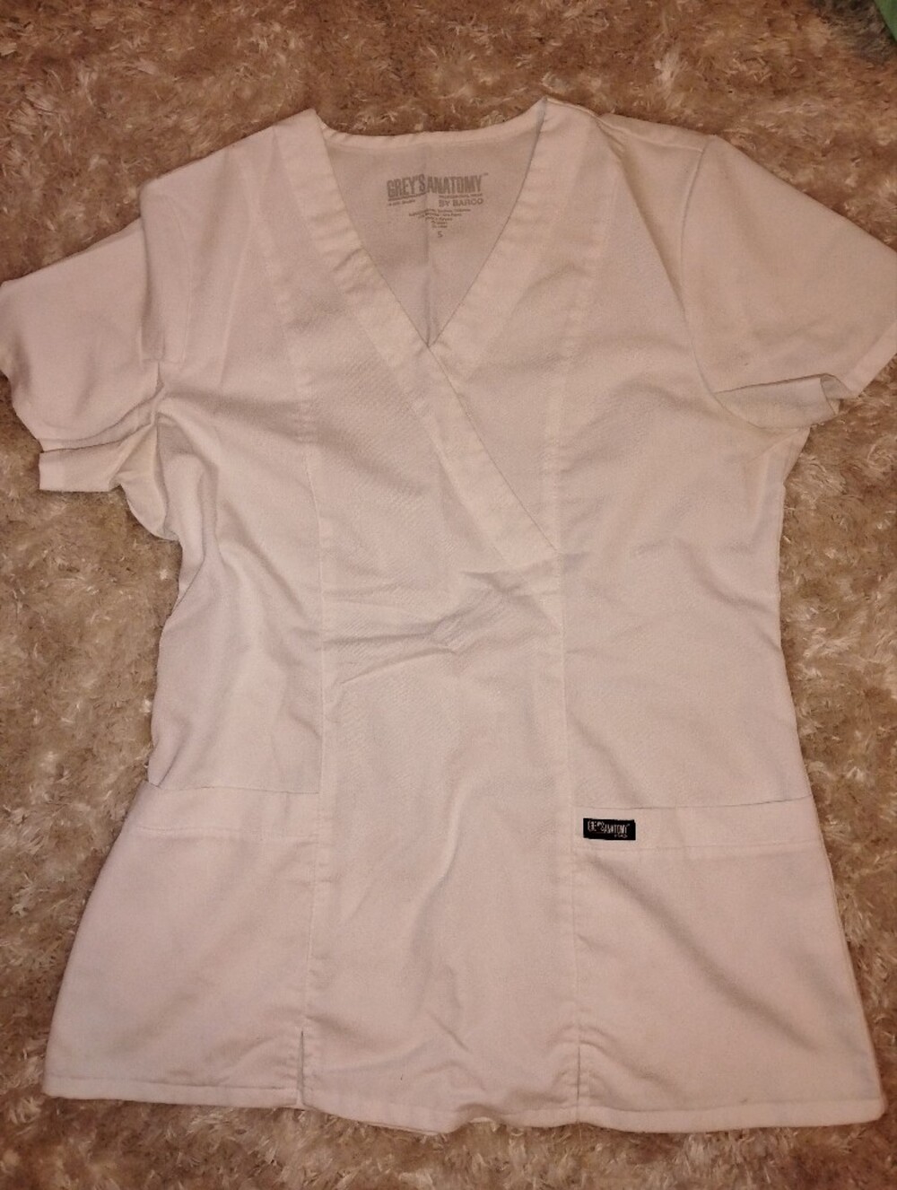 Grey's Anatomy White Wrap-Front Medical Scrub Top Small